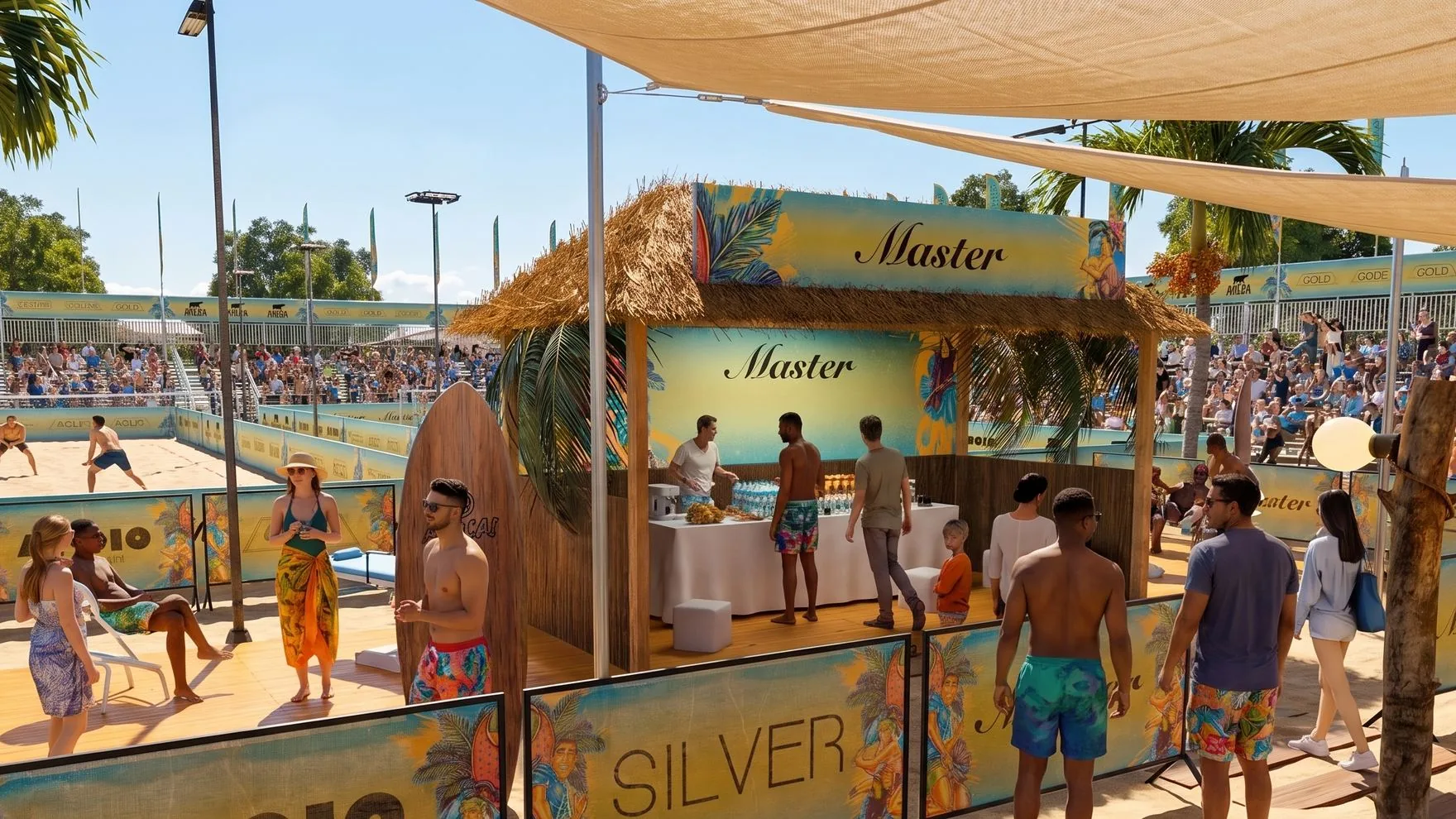 Tenda de ativação de marca parceira, com público circulando entre as quadras